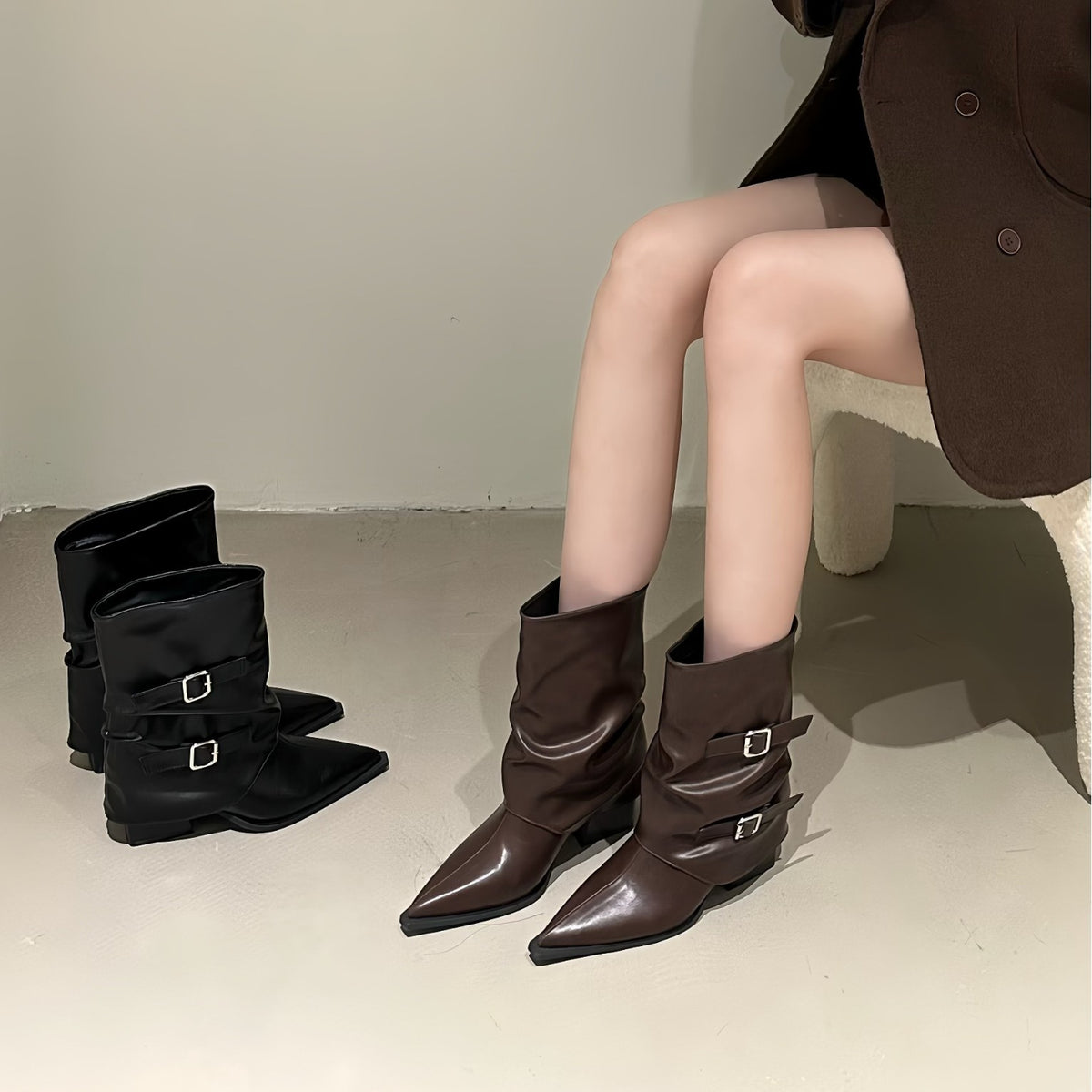Women's Skinny For Thick Pleated Pile Style Women's Leather Boots