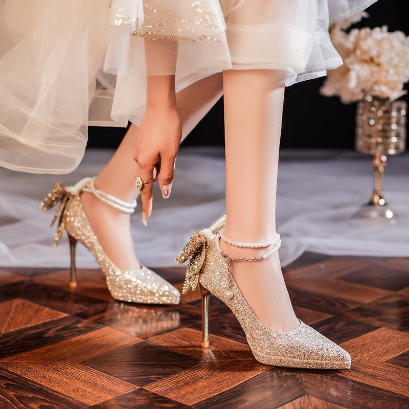 Women's Crystal Sequined Adult Ceremony Pearl Chain Bow Heels