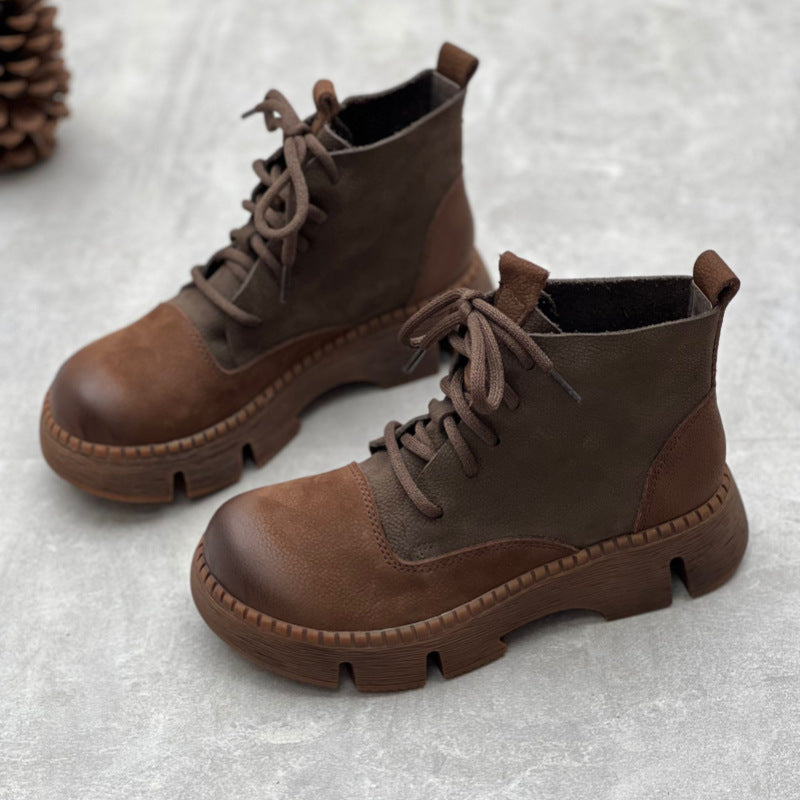 Retro Handmade Genuine Platform Martin Round Toe Women's Leather Boots