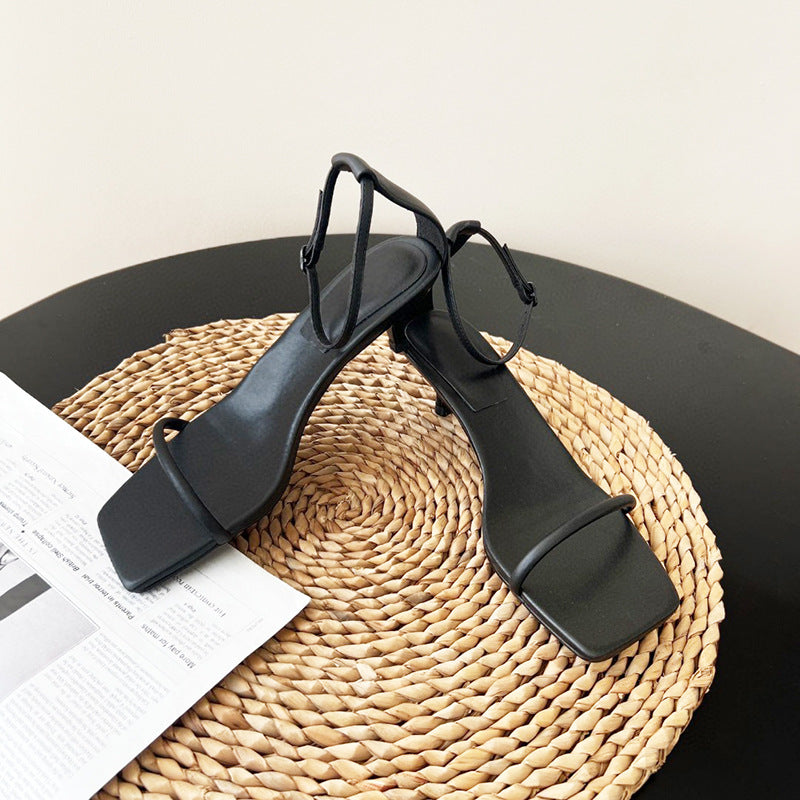Women's Buckle Fashion Summer Stiletto Square Toe Open Genuine High Heeled Sandals