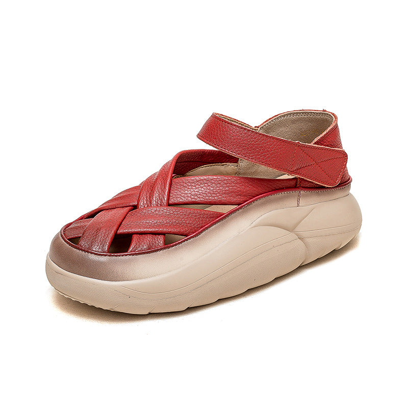 Women's Hollow Velcro Retro Style Polished Top Layer Sandals