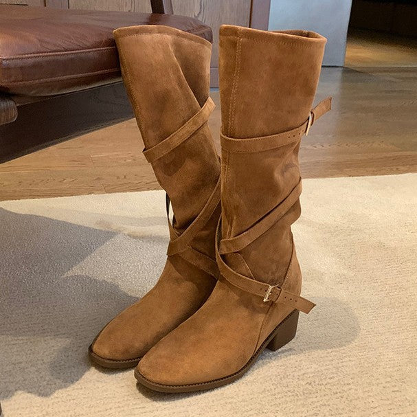 Women's Mom High Pile Style Cross Buckle Strap Tube Knee-high Knight Boots