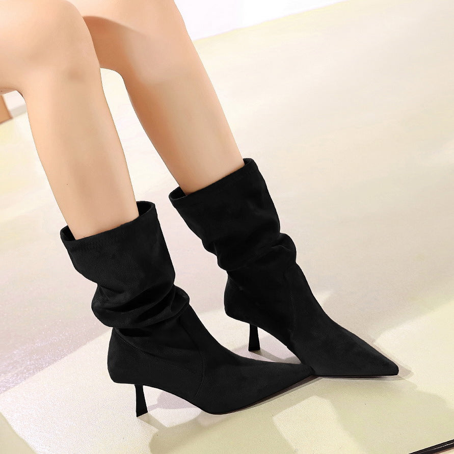 Women's Stretch Pleated Pile Style Stiletto Short Boots