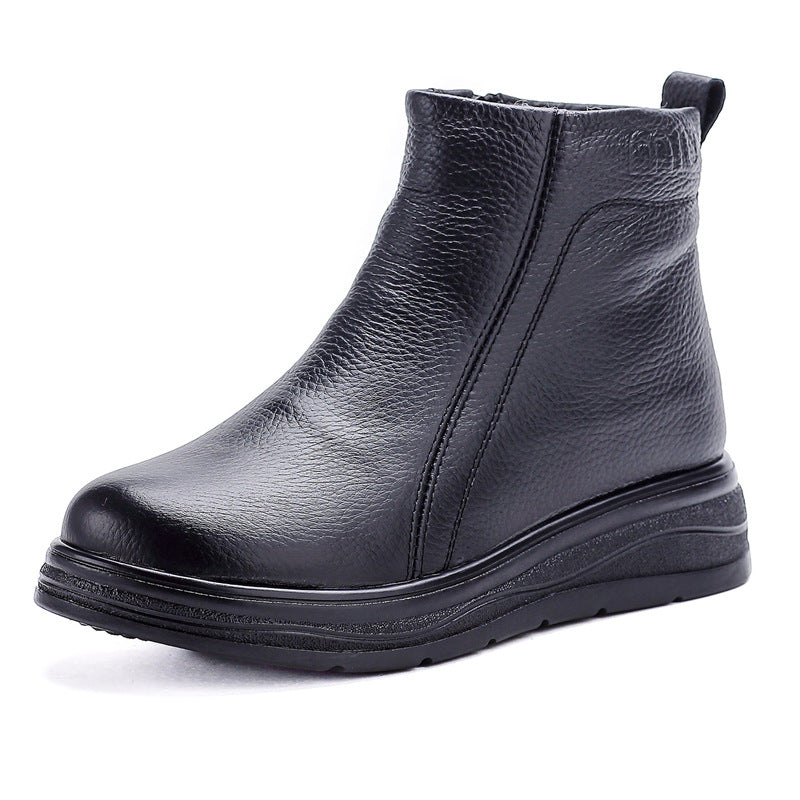 Cowhide Winter Fat Feet Mom Short Wedge Platform Wool Genuine Boots