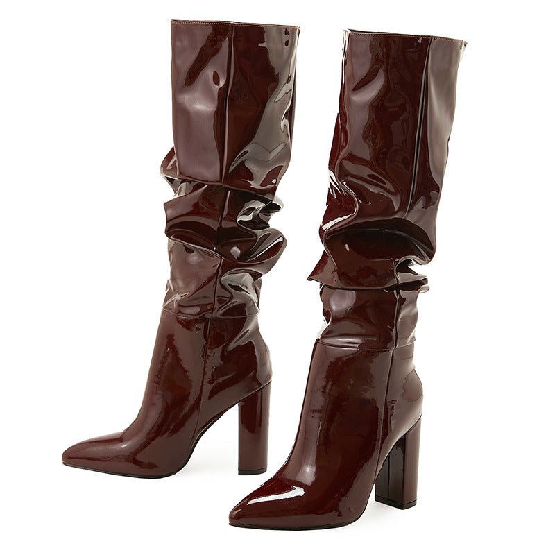 Patent Middle Side Zipper Natural Wrinkle Black Round Women's Leather Boots