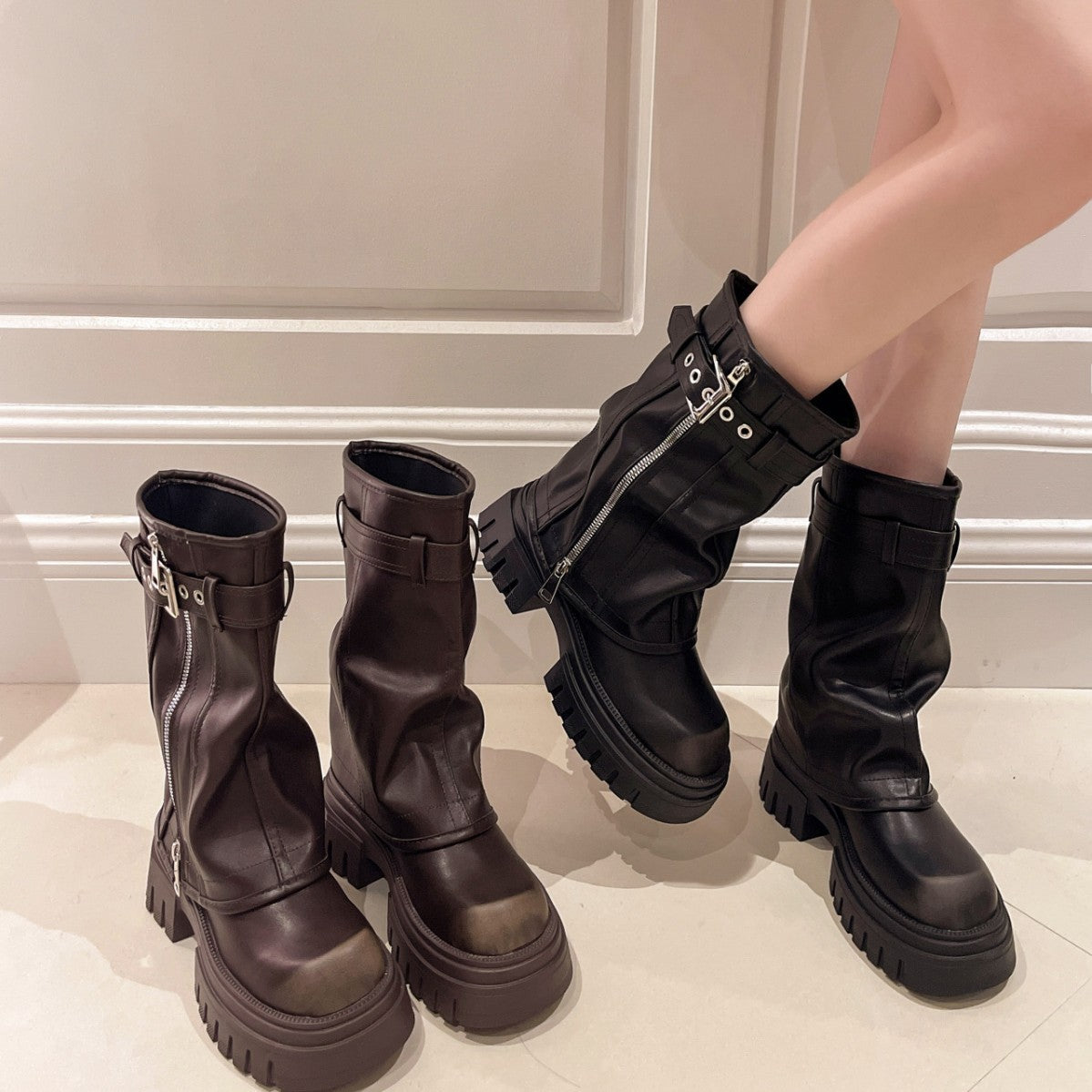 Women's Platform Martin Spring Chunky Retro Round Toe Side Women's Leather Boots