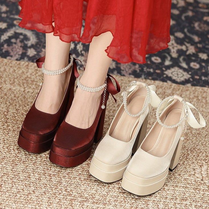 Red Super High Chunky Satin Wedding Dress Women's Fashion Shoes