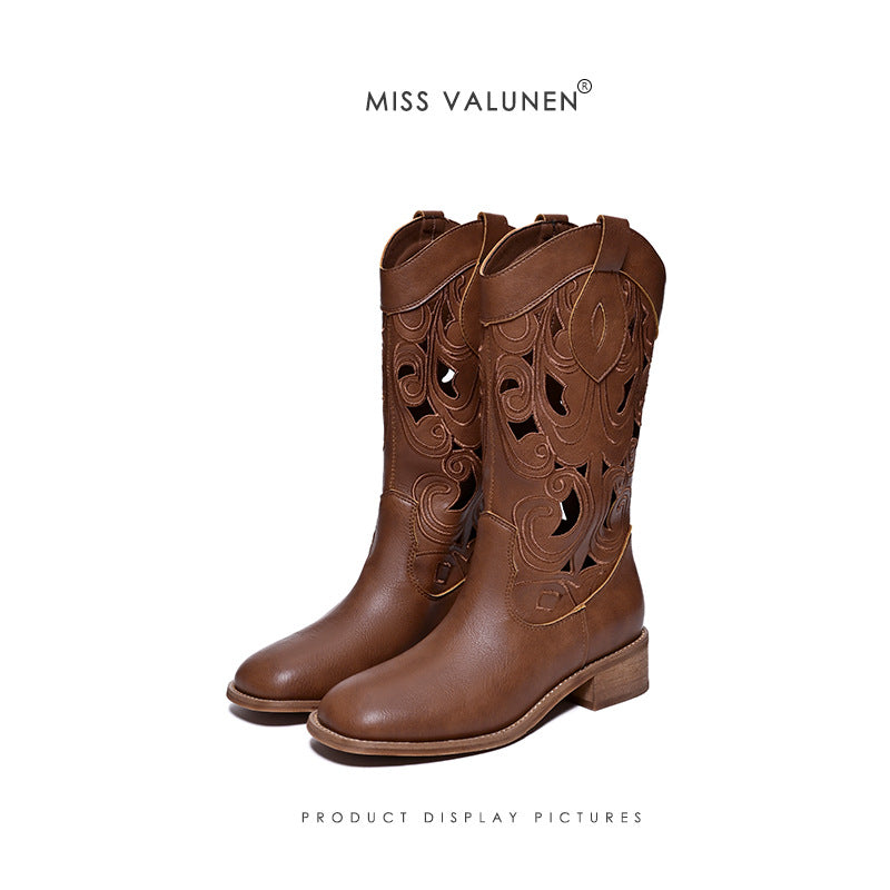 Women's Summer Hollow Out Western Cowboy Vintage Women's Leather Boots