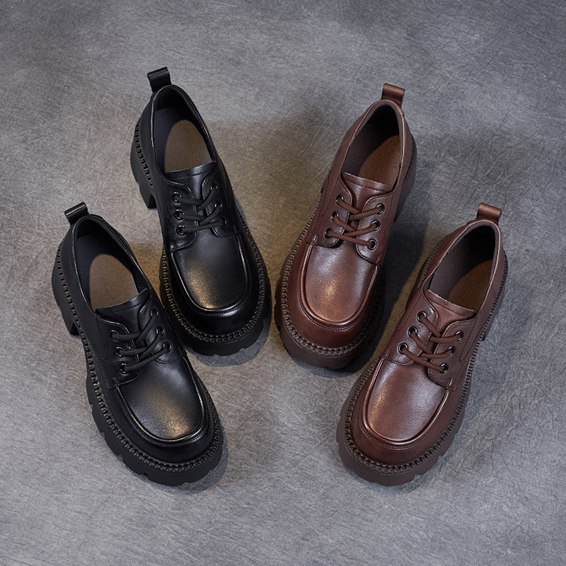 Women's Platform Lace Up Small Brown British Style Heightened Single Women's Casual Shoes