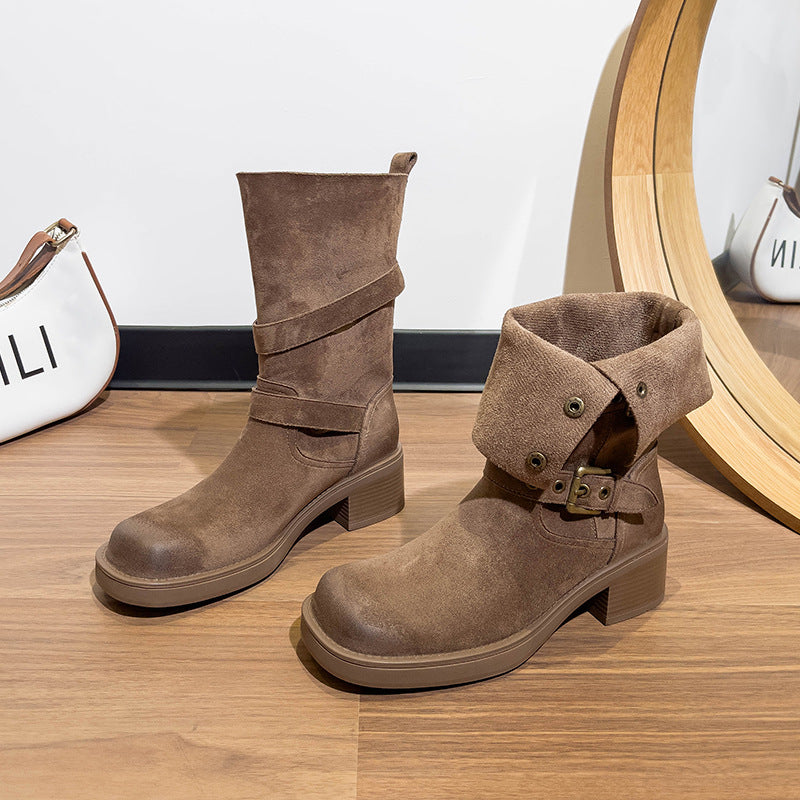 Women's Cowboy Autumn Mid Retro Square Toe Boots