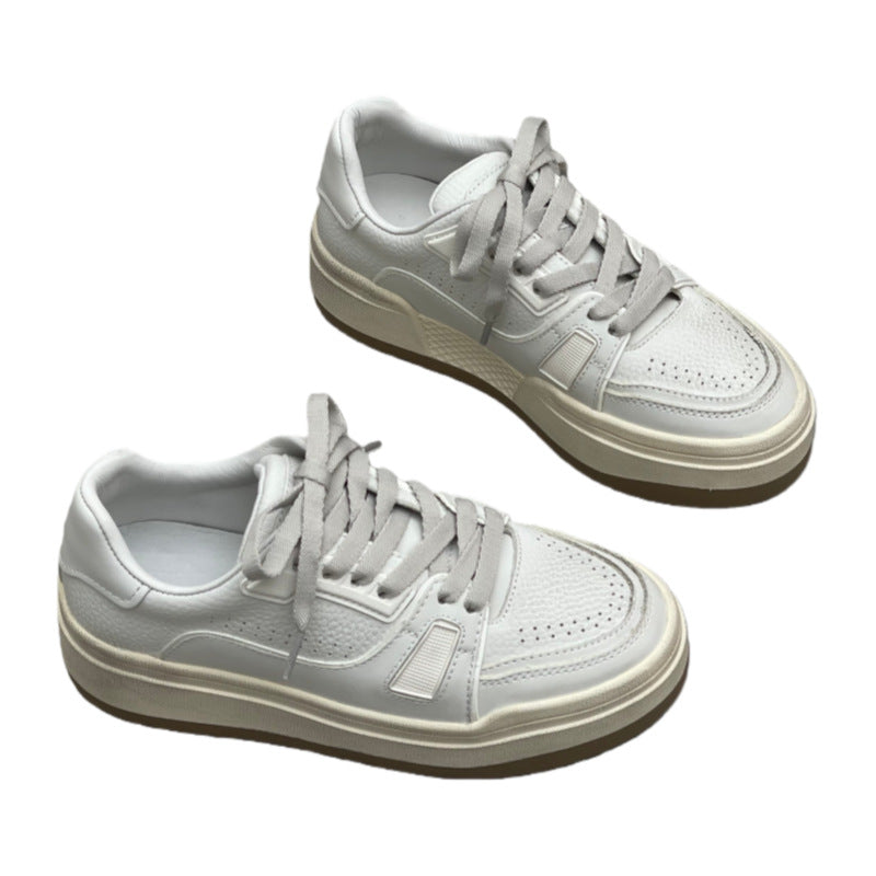 Women's Cowhide Platform White Round Toe Lace Up Muffin Women's Fashion Shoes