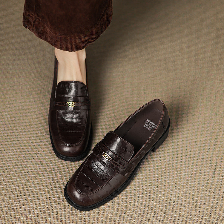Spring Round Toe Slip-on Chunky Mid Cowhide Plus Loafers
