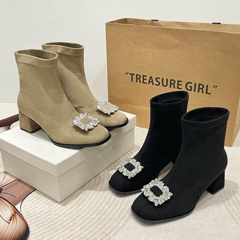 Women's Stretch Thin Female Square Toe Rhinestone Buckle Fashion High Suede Boots