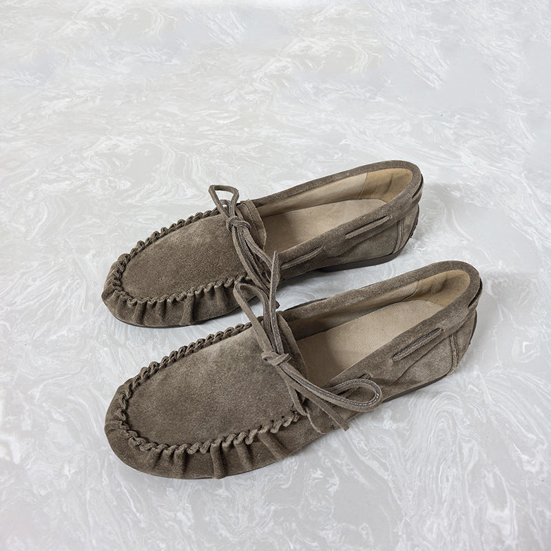 Women's Genuine Flat Bowknot Round Toe Pumps Vintage Crumpled Loafers