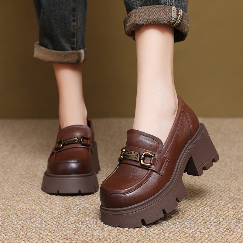 Women's First Layer Cowhide Retro British Style Autumn Platform Versatile Single-layer Loafers