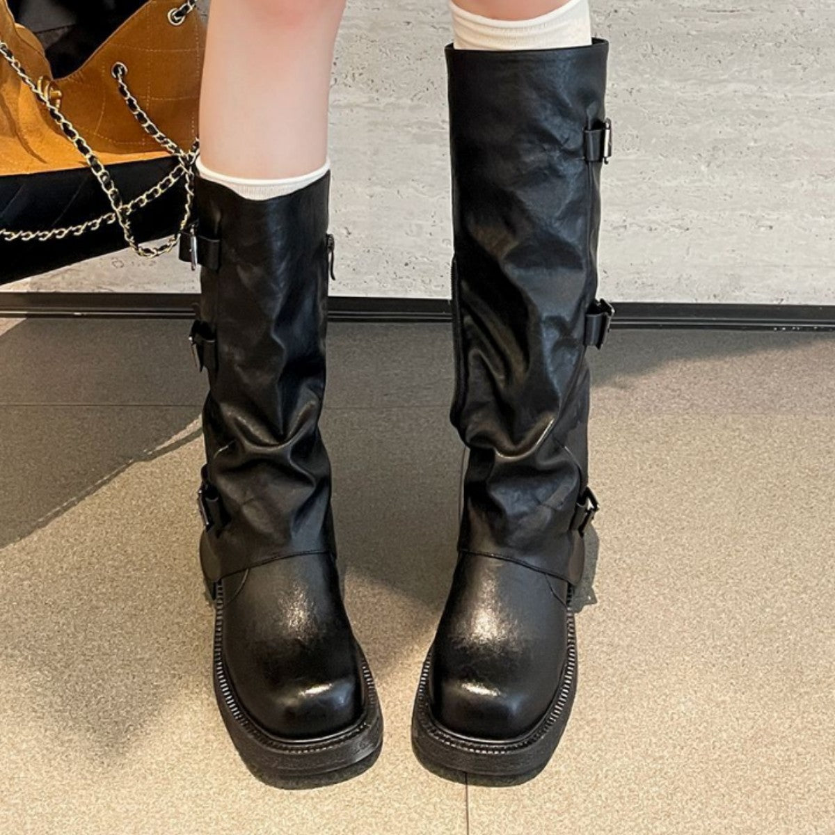 Women's Mid-length Pants Autumn Thick Bottom Pleated Pile Style Western Denim Women's Leather Boots