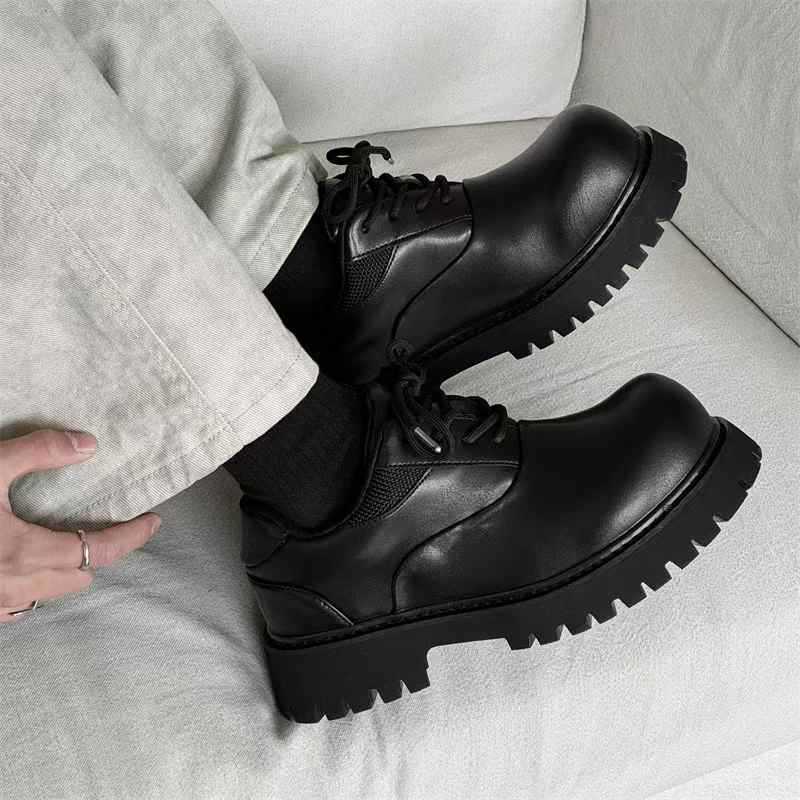 Men's Thick Bottom Derby British Round Head Increased Lovers Men's Casual Leather Shoes
