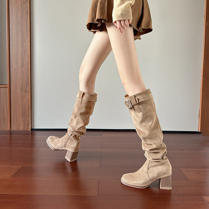 Women's Pile Style For V Cut Slimming Round Toe Thick High Women's Leather Boots