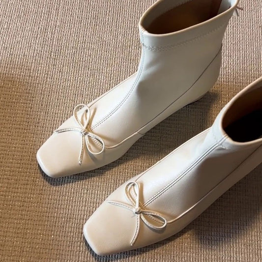 Women's Height Increasing Insole Niche Stretch Thin Ballet Style French Bow Women's Leather Boots