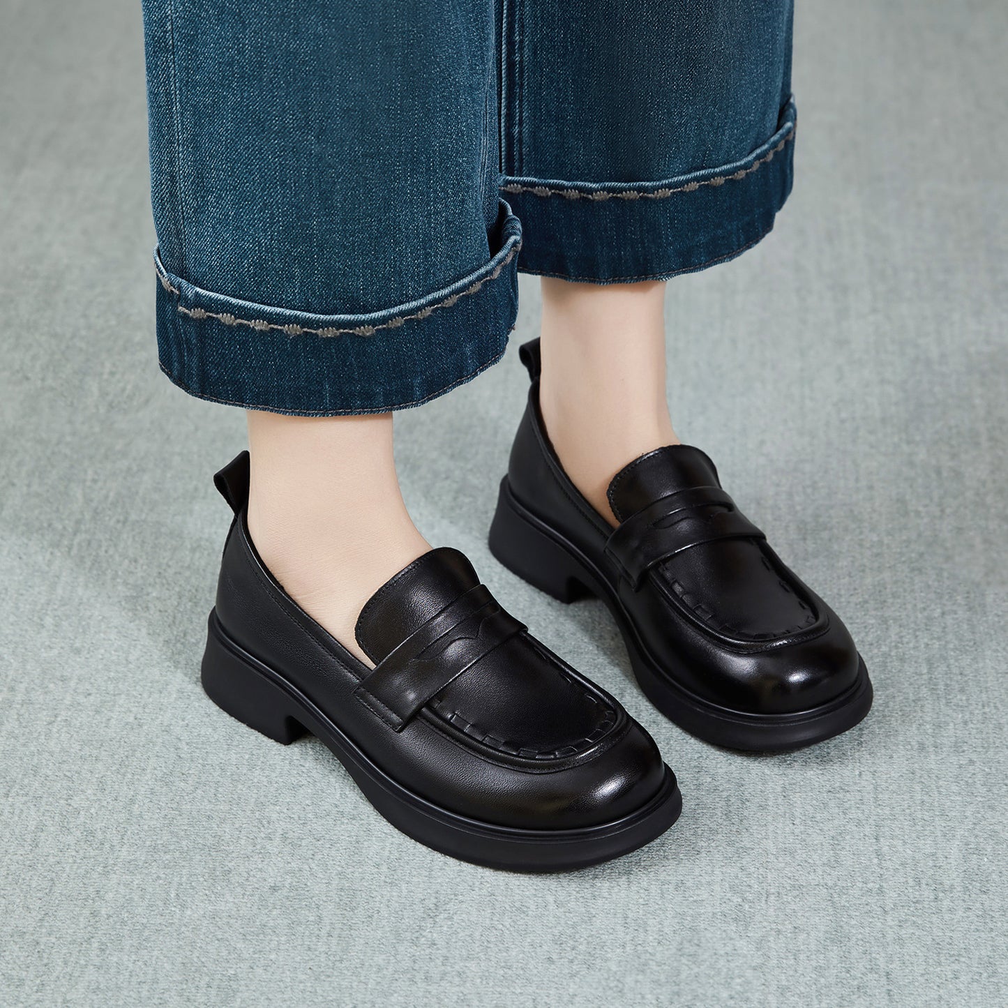 Women's Genuine Retro Chunky Spring Slip-on Leisure Loafers