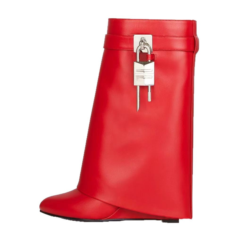 Women's Large Tube Lock Skirt Broken Round Toe Surface High Short Heels