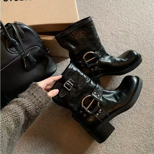 Buckle Round Toe Vintage Motorcycle Chunky Women's Leather Boots
