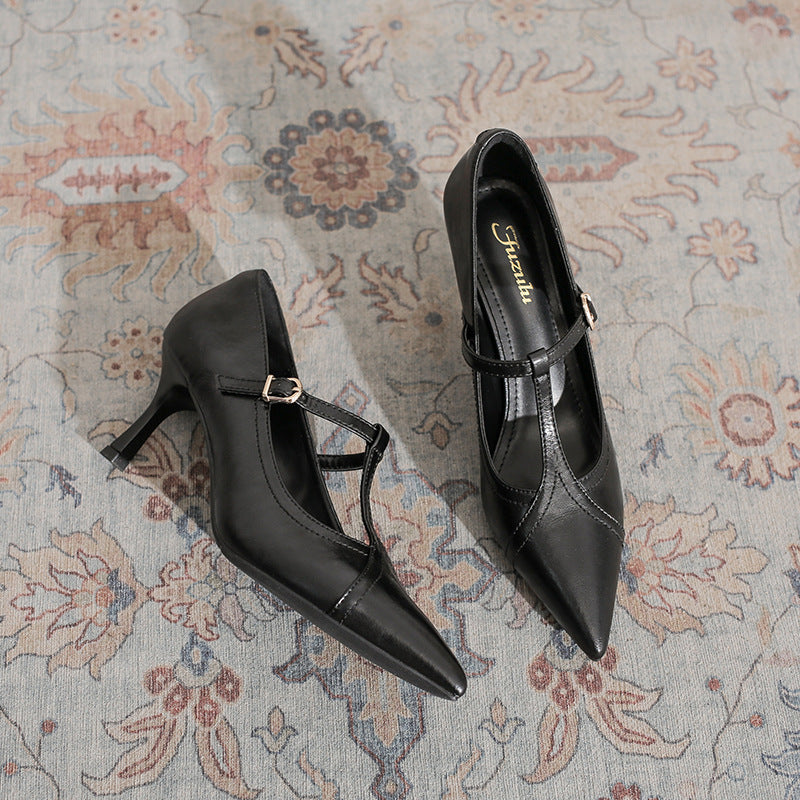 Women's Retro Minority Pointed High Stiletto Word Belt Shallow Women's Fashion Shoes