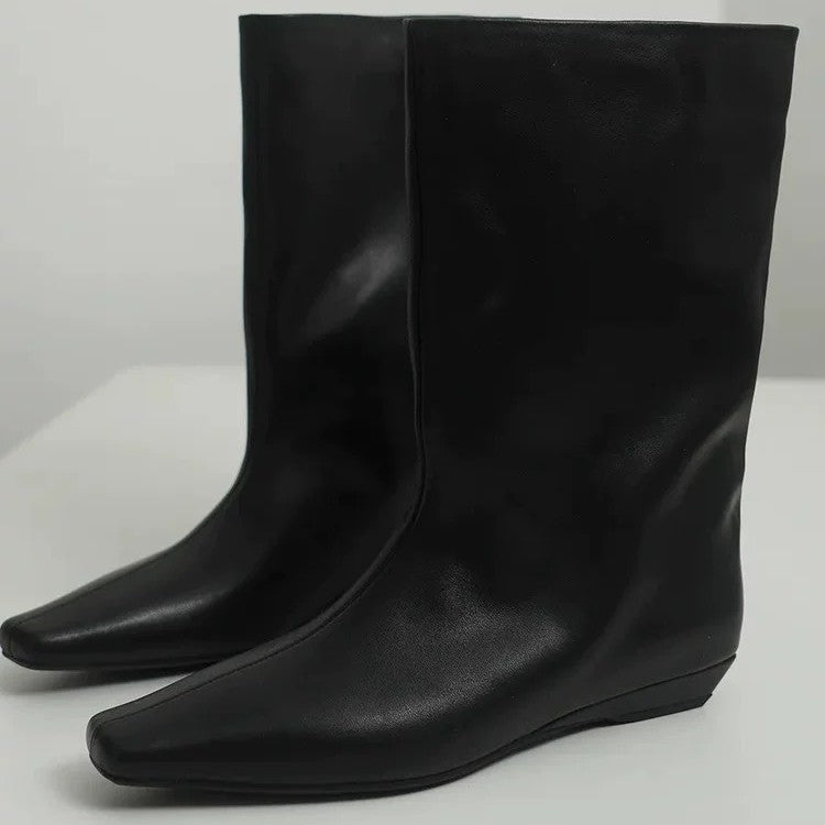 Women's Cowhide Version Minimalist Style Square Toe Wedge Boots
