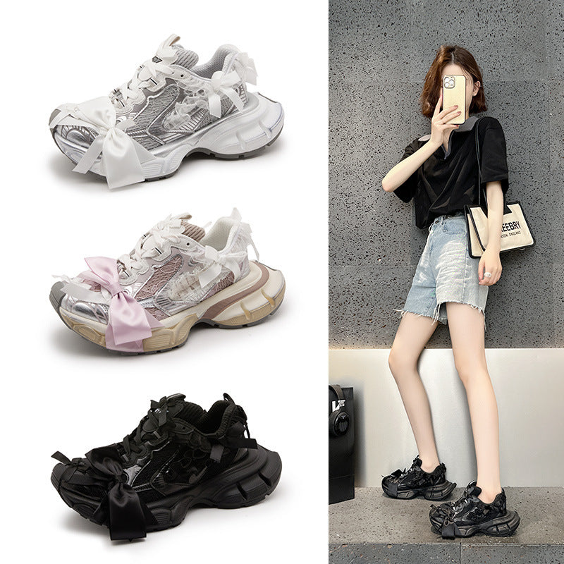 Women's Paris Lace Bow Half Dad Distressed Platform Height Sneakers