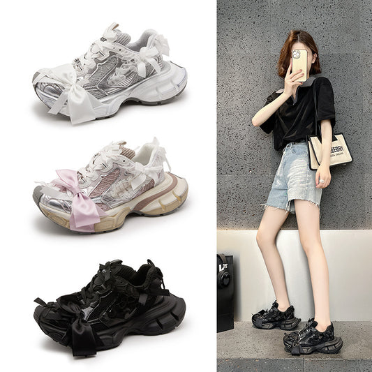 Women's Paris Lace Bow Half Dad Distressed Platform Height Sneakers