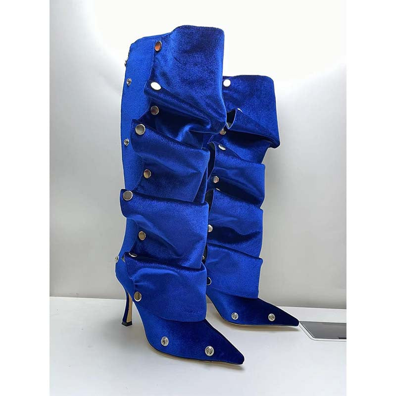 Women's High Metal Rivet Denim Stitching Two-way Pile Style Knee-length Large Women's Leather Boots