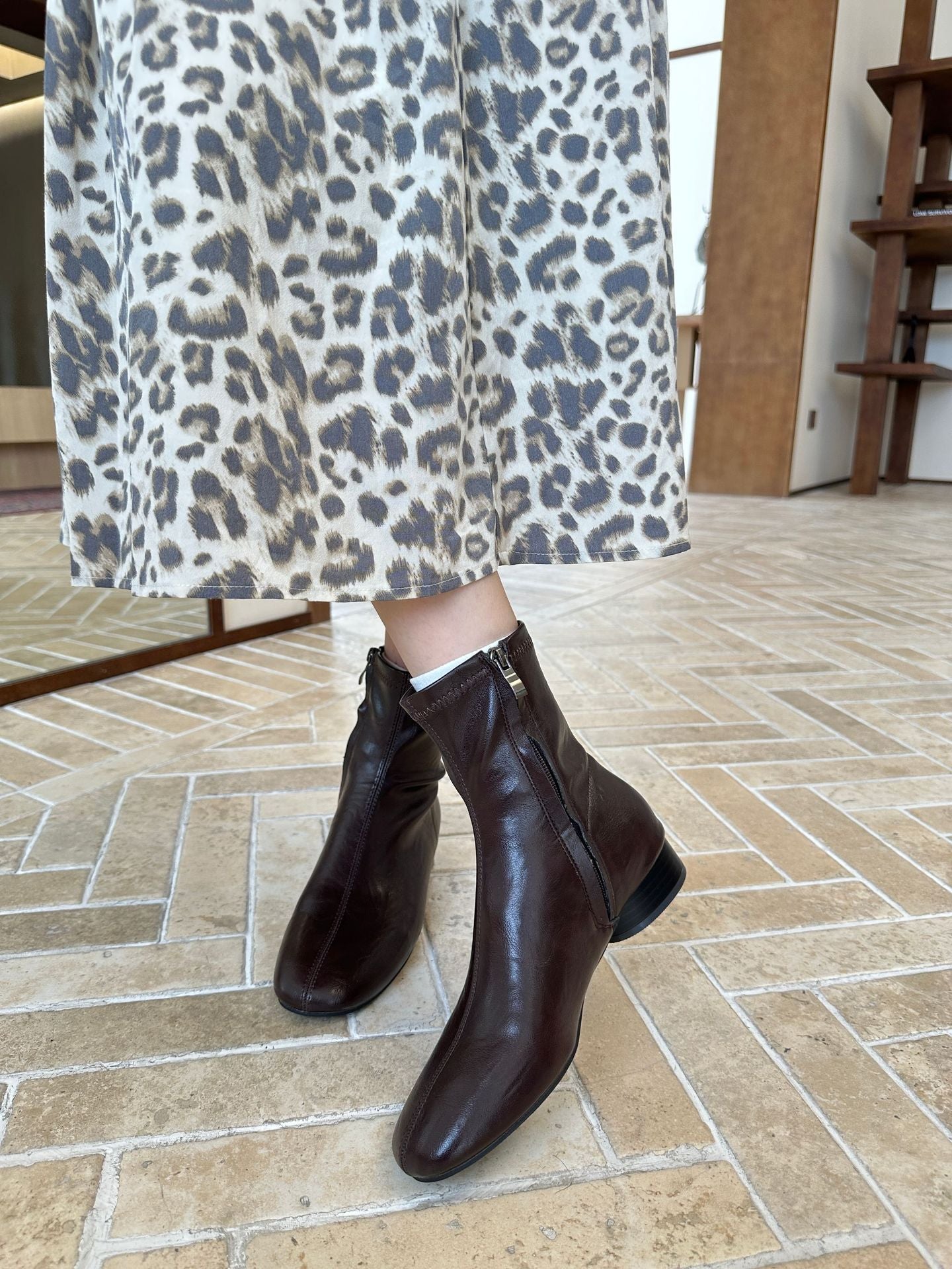 Women's Square Toe Martin Thick Thin French Women's Leather Boots