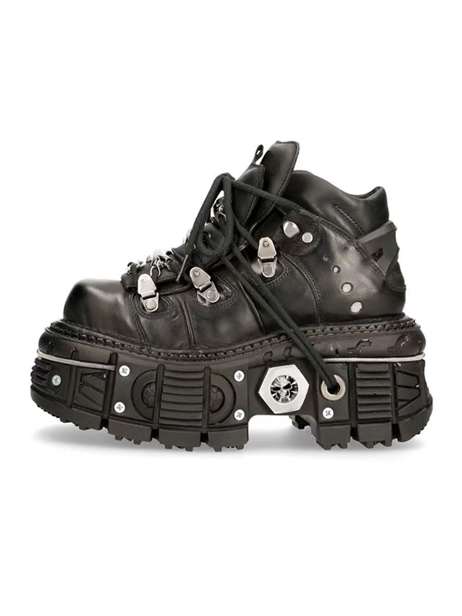 Women's & Men's Retro Spanish Tank Bottom Metal Platform Dark Leather Shoes