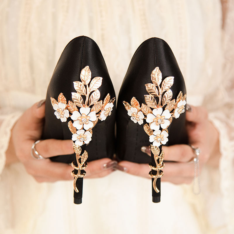 Entry Lux French Pointed Stiletto Satin High Sexy Flowers Design Heels