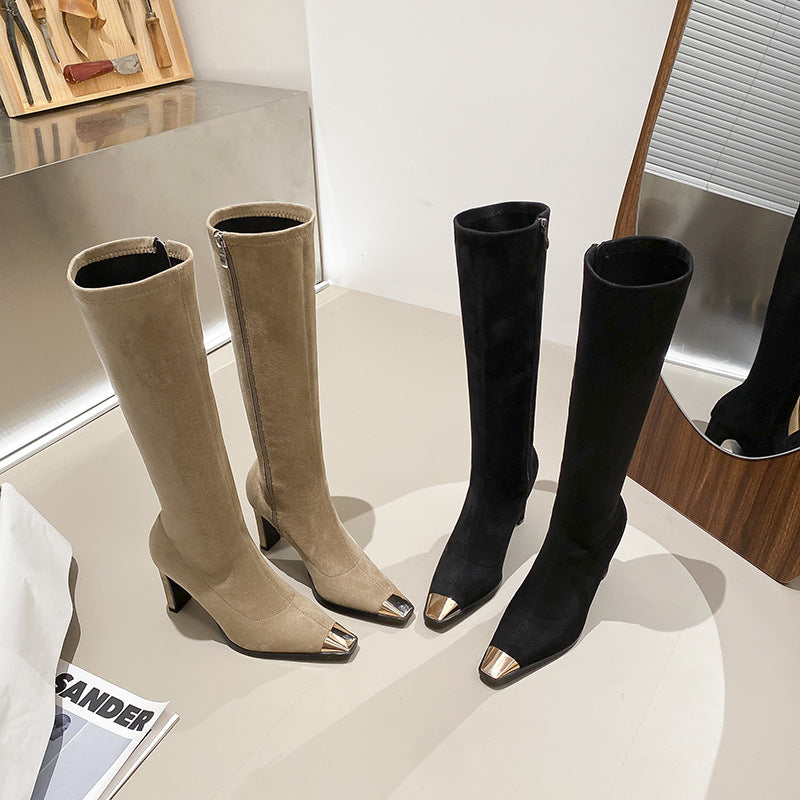 Metal Square Toe Stiletto High Leg Sexy Stretch Thin Women's Leather Boots