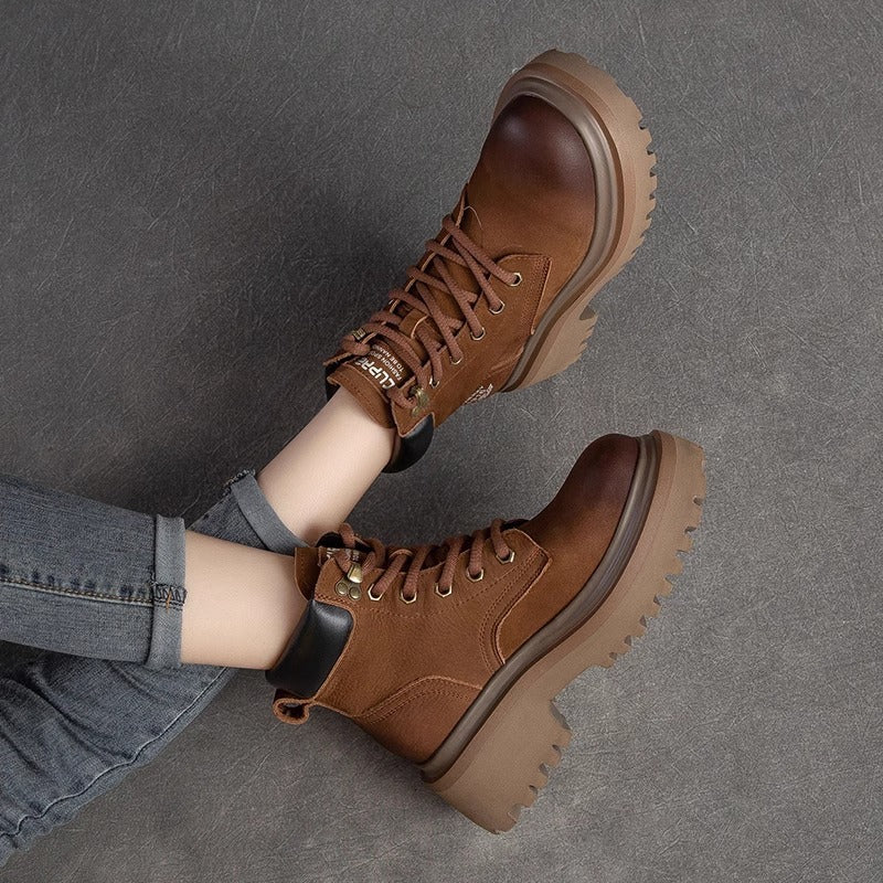 Women's Genuine Thick-soled British Style Martin Cowhide High Worker Vintage Fleece-lined Women's Leather Boots