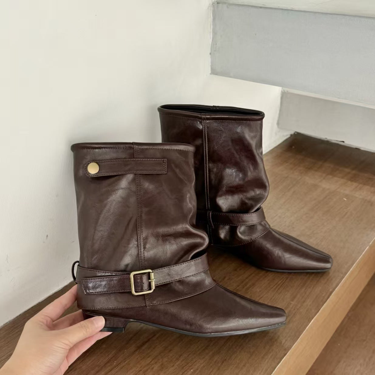 Women's Western Style Flat Booties Pile Belt Buckle Boots