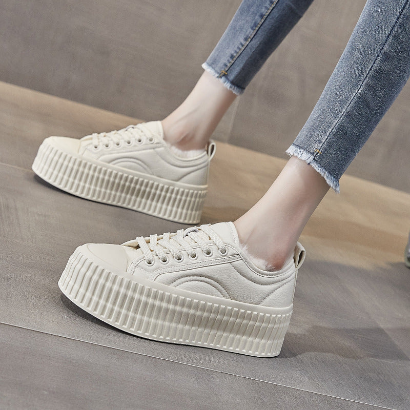 Women's Platform Biscuit Shape Fleece-lined White Sneakers