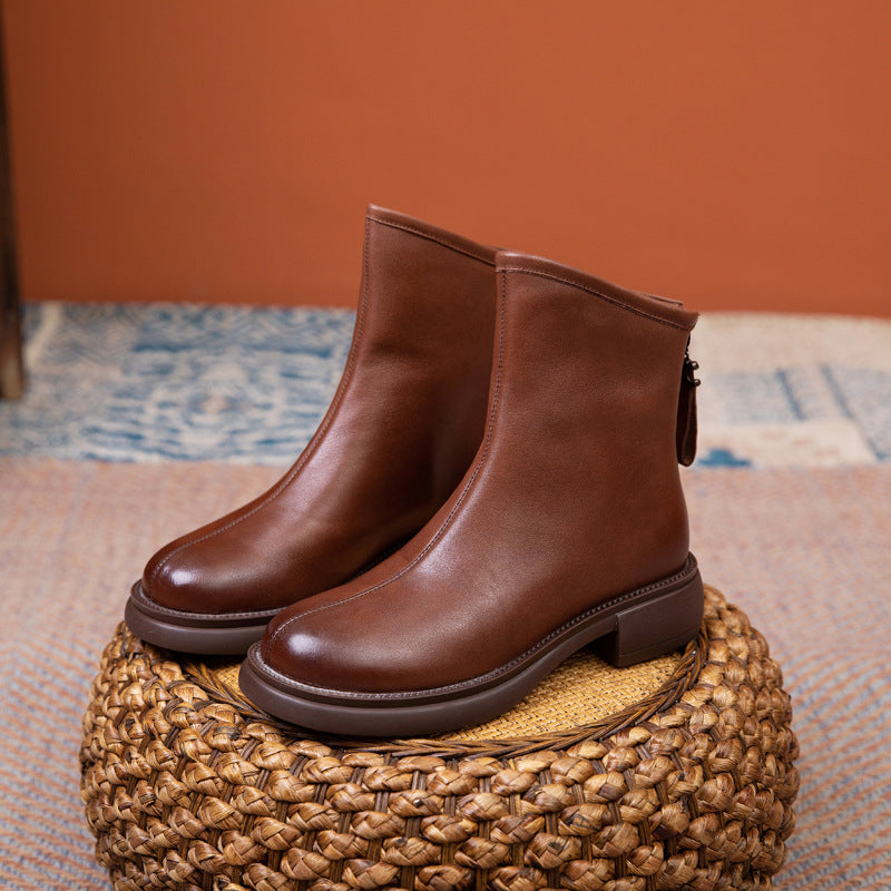 Women's Layer Cowhide Short Rear Zipper Martin Boots
