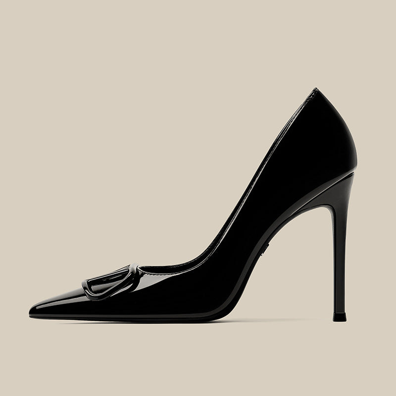 Women's Toe Black Buckle Patent Super High Low Women's Shoes