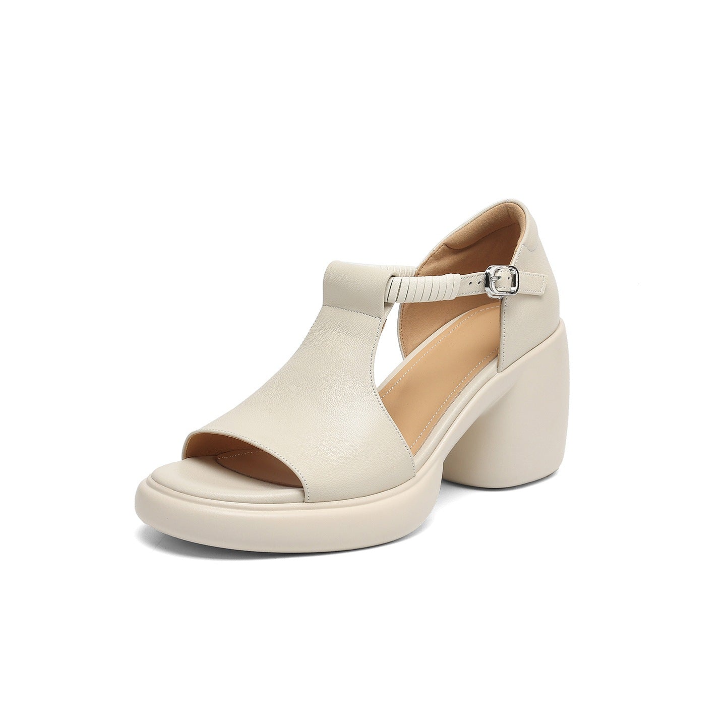 Women's Toe Sheepskin Chunky Summer Hollow Roman Word With High Heeled Sandals