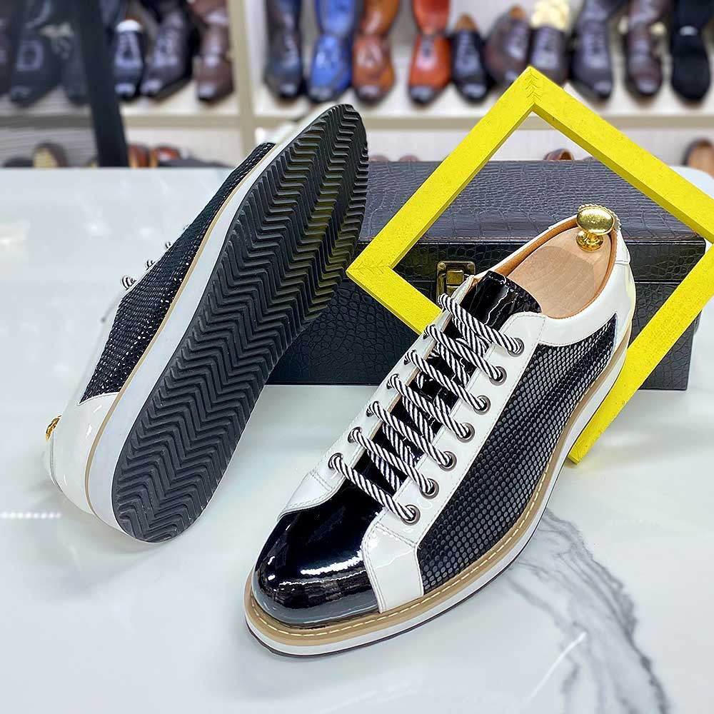 Men's Genuine Black White Color Matching Pointed Leather Shoes