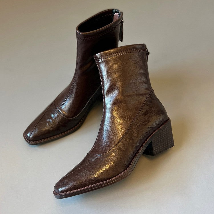 Women's French Retro Skinny High Chunky Ankle Back Zipper Stretch Boots