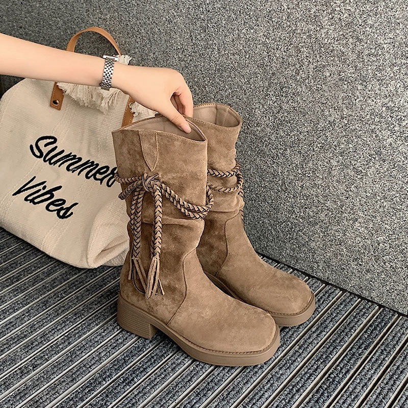Women's Waste Soil Style Tassel Western Denim Knight Thick Brown Retro Women's Leather Boots