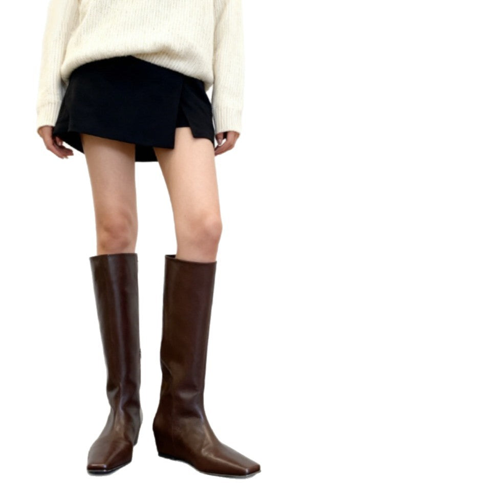 Increasing Insole Below The Knee Comfortable Cowhide Wide Tube Square Women's Leather Boots