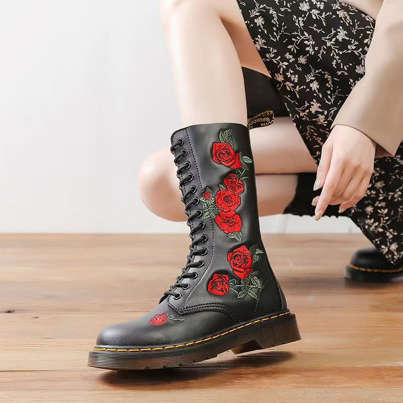 Women's British Motorcycle Long Round Toe Rose Large Women's Shoes