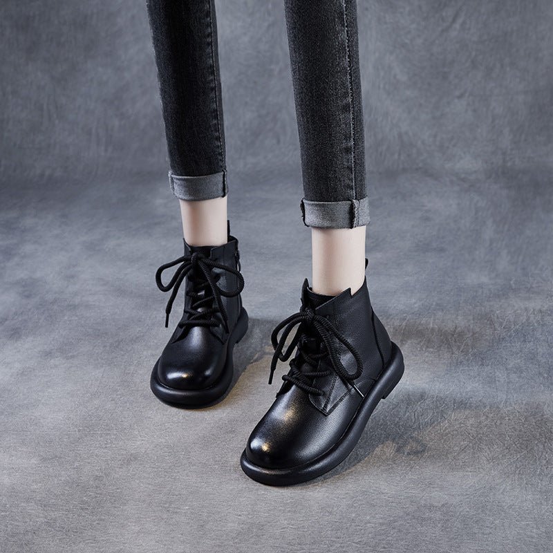 Women's Layer Cowhide Martin Retro British Style Short Women's Leather Boots