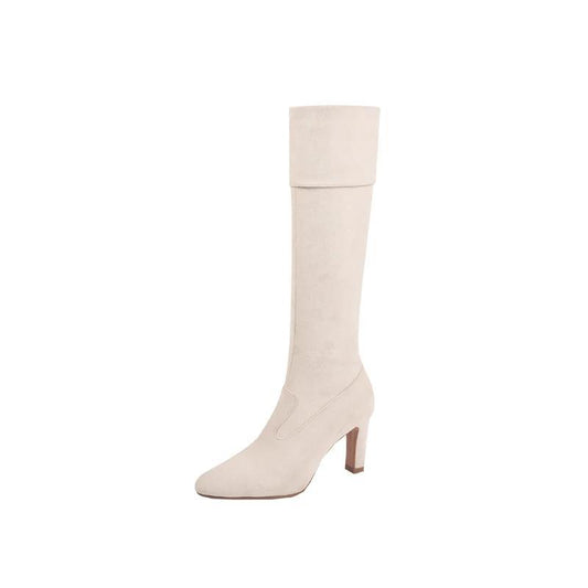 Women's French Style Small Height Increasing Skinny Pleated White Retro Below Women's Leather Boots