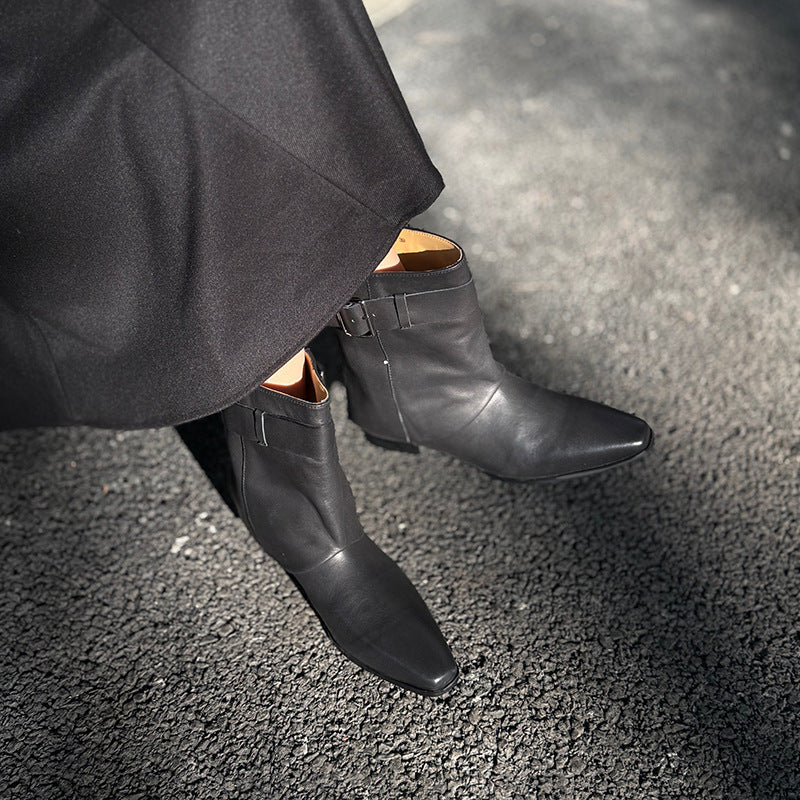 Women's Toe Belt Buckle Short Fashionable Suede Women's Leather Boots