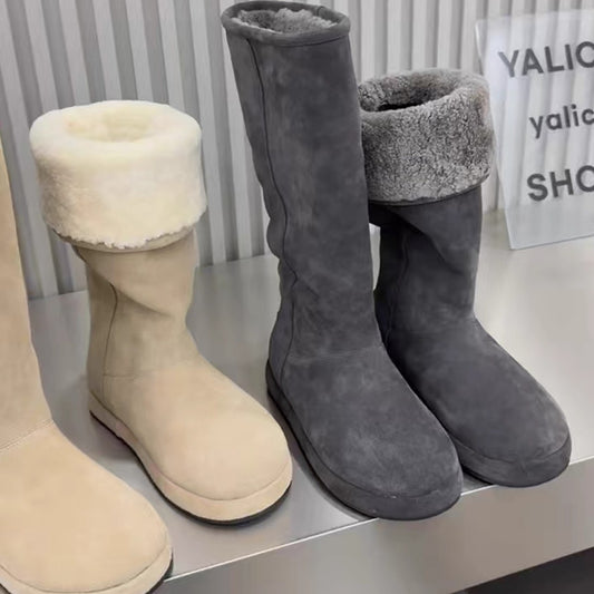 Lamb Fur Thick Bottom Flanging Long Female Gray Fleece Women's Snow Boots